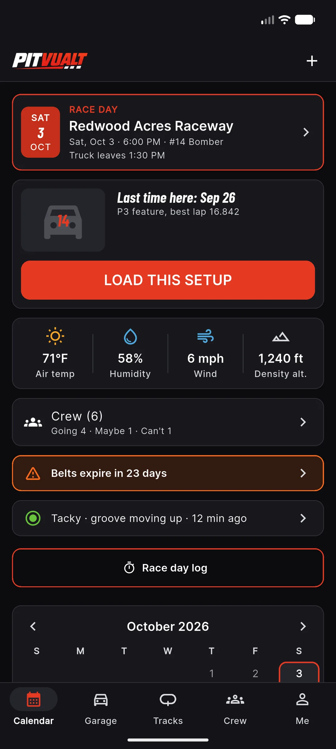 Calendar tab: the next race day at Redwood Acres Raceway with a Load this setup button, weather, crew going 4 maybe 1 can’t 1 and a belts-expire-in-23-days alert