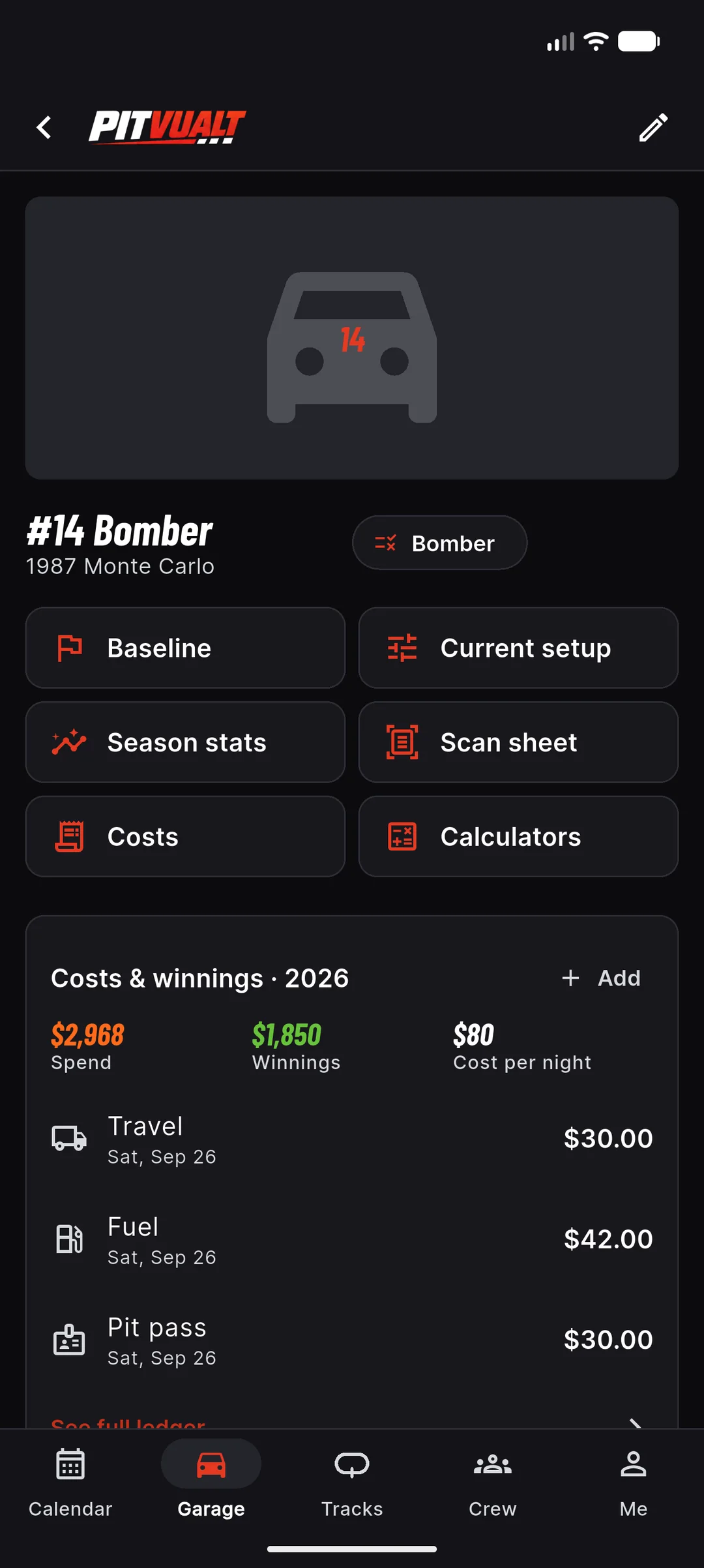 Car home for the #14 Bomber with Baseline, Current setup, Season stats, Scan sheet, Costs and Calculators buttons, and a Costs and winnings card showing spend, winnings, cost per night and recent entries