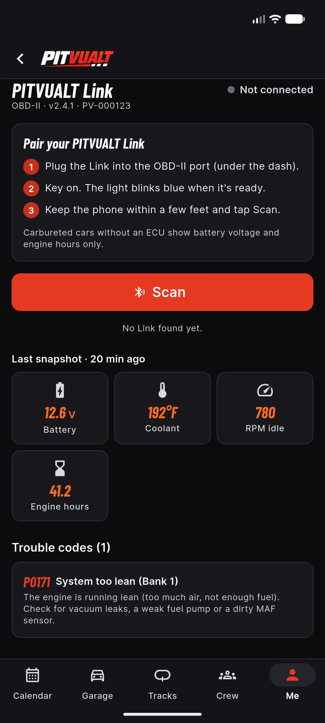 PITVUALT Link screen: three pairing steps and a Scan button, then a last snapshot of battery 12.6 volts, coolant 192°F, idle 780 RPM and 41.2 engine hours, and trouble code P0171 system too lean