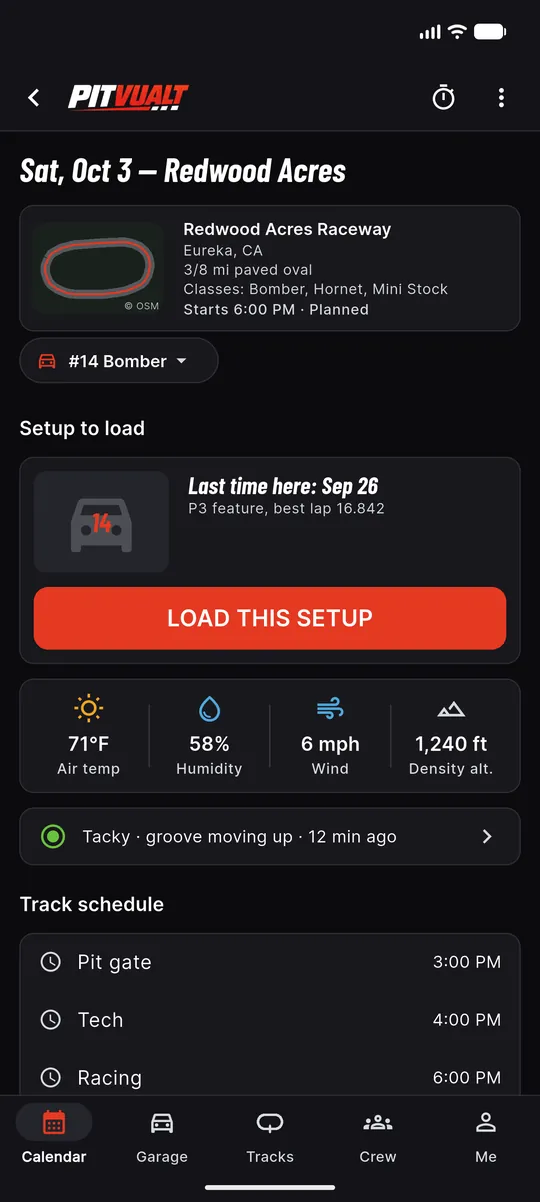 Race-day page for Sat Oct 3 at Redwood Acres with the track outline, the #14 Bomber, a Load this setup button and weather
