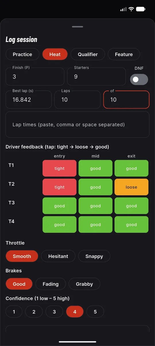 Log session form for a heat with finish, starters, best lap, laps, a corner feedback grid for turns 1 to 4, and throttle, brakes and confidence