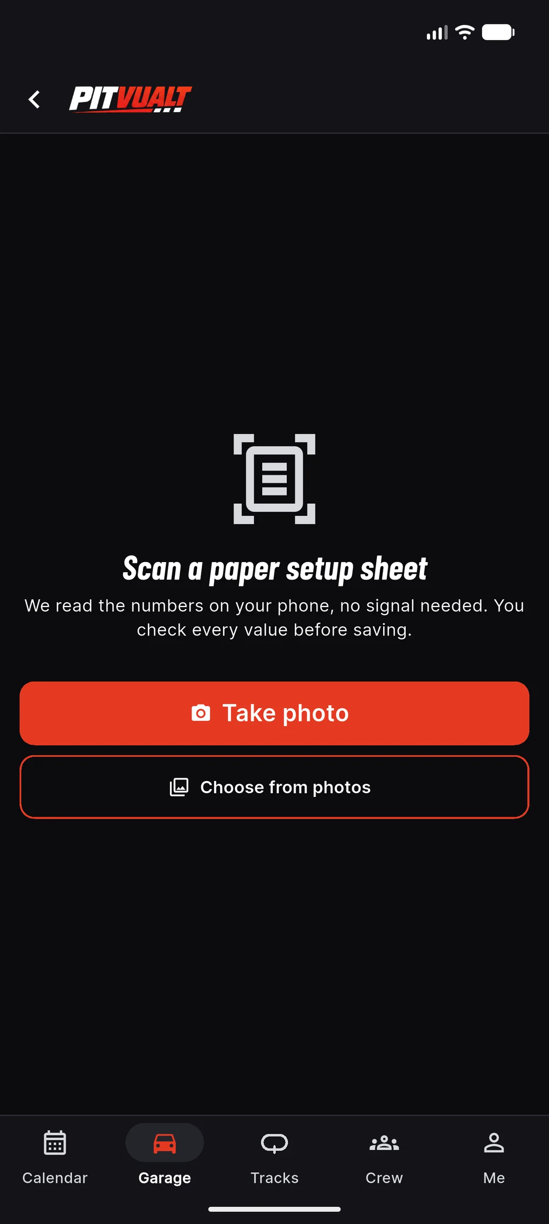Scan a paper setup sheet screen with Take photo and Choose from photos buttons: we read the numbers on your phone, no signal needed, and you check every value before saving