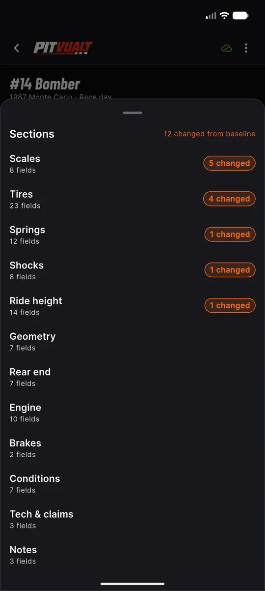 Sections sheet listing Scales, Tires, Springs, Shocks, Ride height, Geometry, Rear end, Engine, Brakes, Conditions, Tech and claims and Notes with changed counts