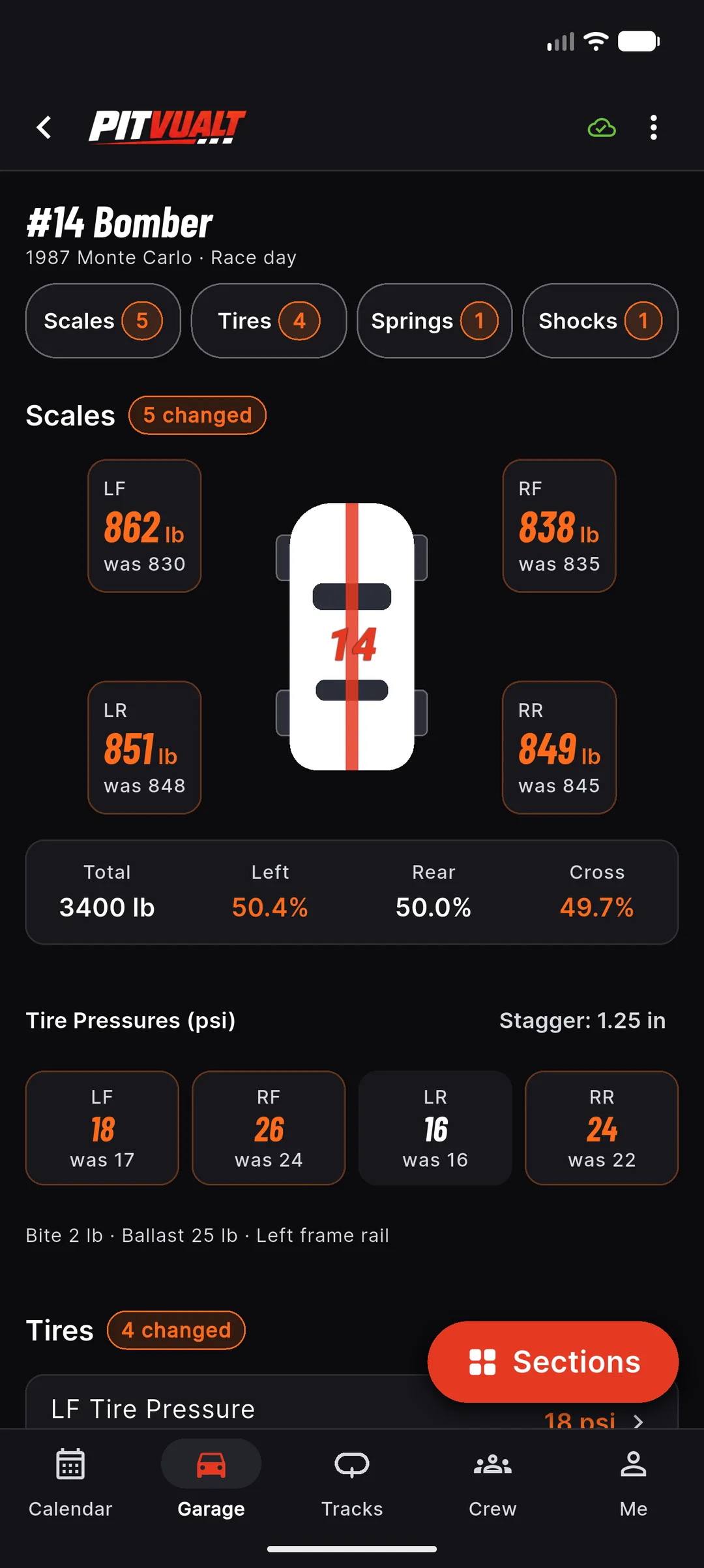 Setup sheet for the #14 Bomber: four corner weights with changes from baseline in orange, total 3400 lb, left 50.4 percent, rear 50.0 percent, tire pressures and stagger 1.25 inches
