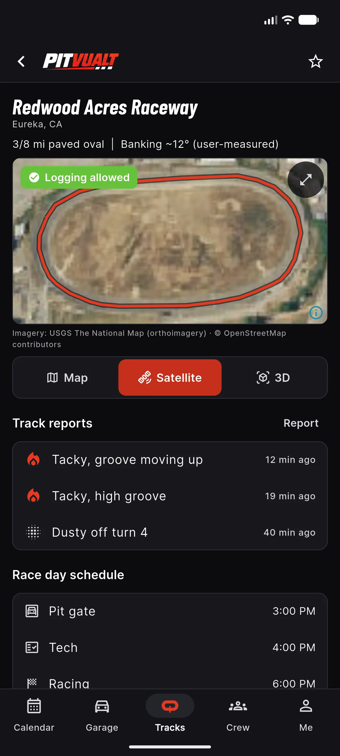 Redwood Acres Raceway track page: satellite view with the track outline in red, a Logging allowed badge, Map, Satellite and 3D tabs, and racer-reported conditions: tacky, groove moving up, 12 minutes ago